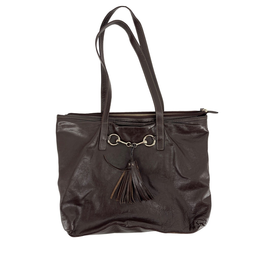 Claudia Firenze Brown Italian Vintage Leather Horsebit Tassel Tote Shoulder Bag
